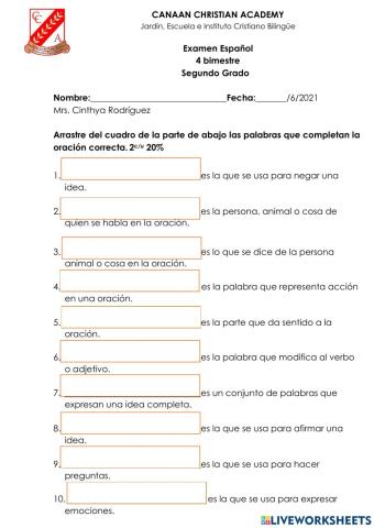 Evaluación de Español 2do Grado
