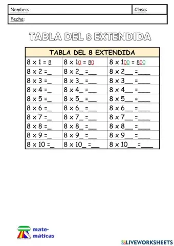 Tabla del 8 extendida