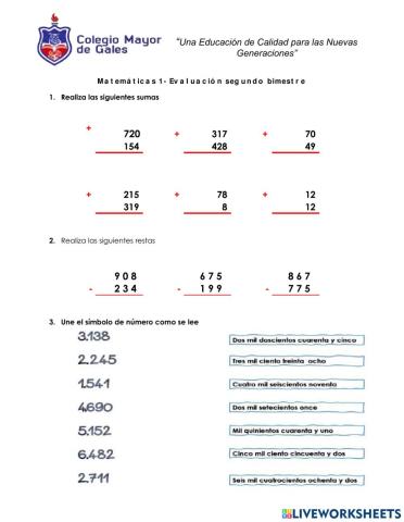 Evaluación segundo bimestre matemáticas 1
