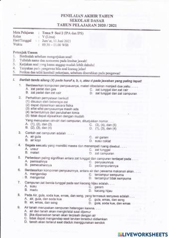 PAT T9S2 Kelas 5 Jumat, 11 Juni 2021