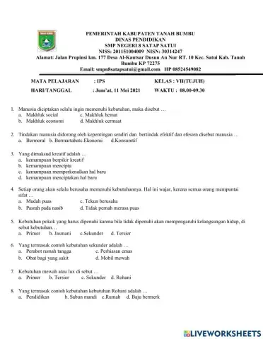 PAT IPS SMPN 8 Satap Satui 2020-2021 Kelas VII