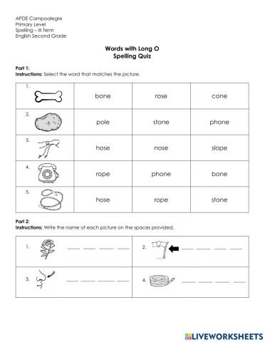 Lesson 9 words with long o quiz