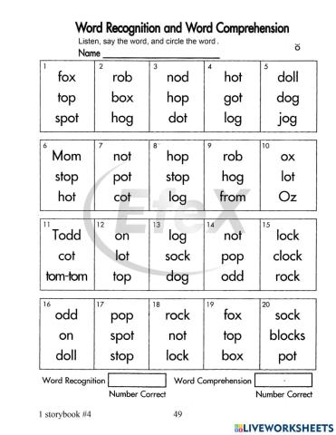 Short o word recognition and word comprehension