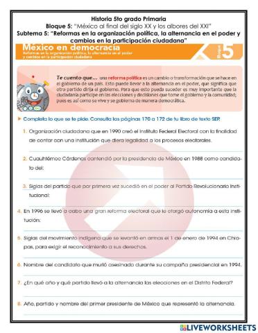 Bloque 5: México al final del siglo XX y los albores de XXI