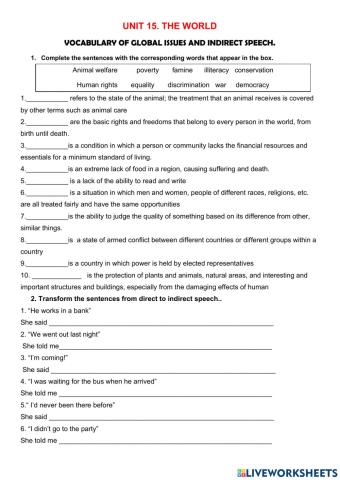 Vocabulary of Global issues and reported speech