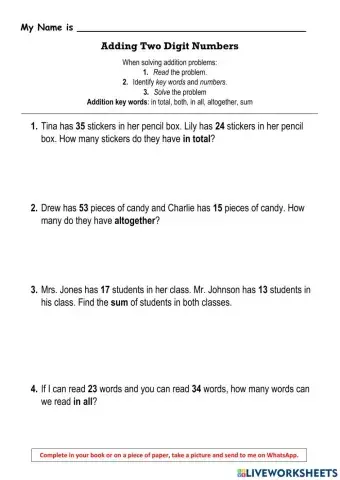 Adding Two-Digit Numbers Word Problems