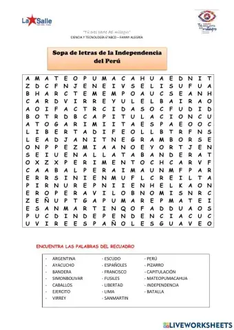 Sopa de letras de la Independencia del Perú