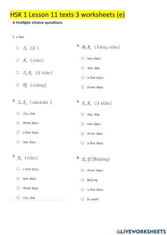 HSK 1 Lesson 11 text 3 worksheets (e)