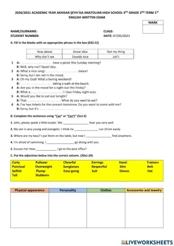 Akhisar Seyh Isa Anatolian High School 9th Grades 2nd Term 1st English Written Exam