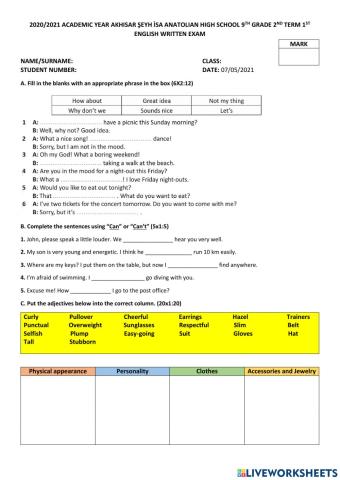 Akhisar Seyh Isa Anatolian High School 9th Grades 2nd Term 1st English Written Exam