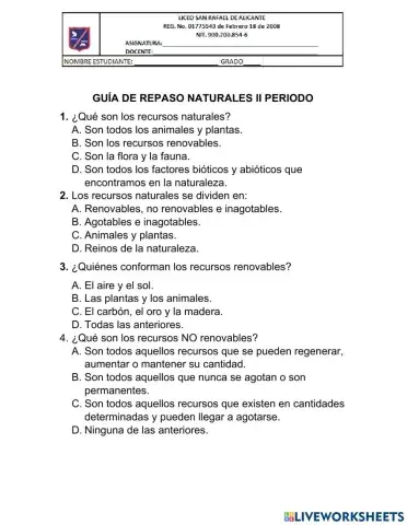 Cuestionario de repaso naturales segundo periodo