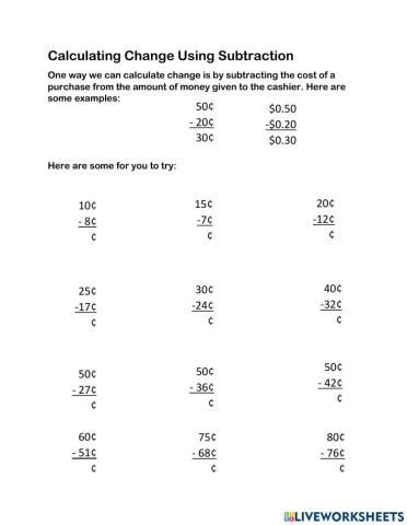 Making Change Using Subtraction: Cents