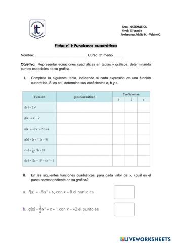 Ficha n°1 funciones cuadráticas III° medio