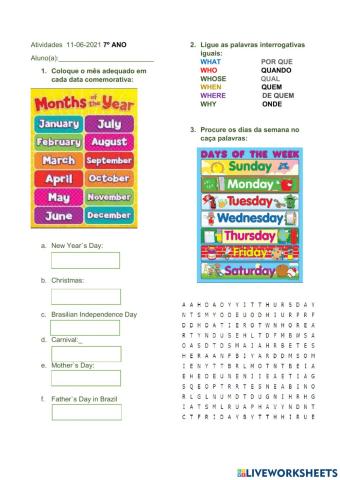 Dias da semana, meses do ano, palavras interrogativa