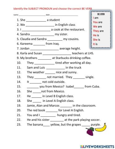 Subject Pronouns and BE Verb