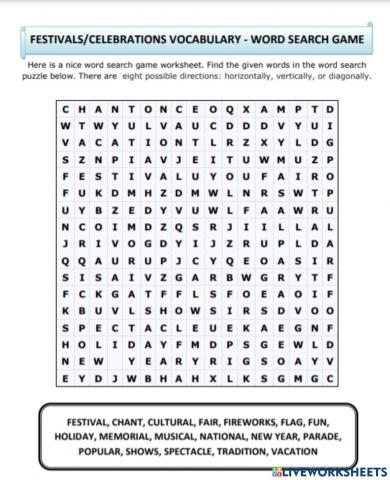 Festivals and celebrations wordsearch