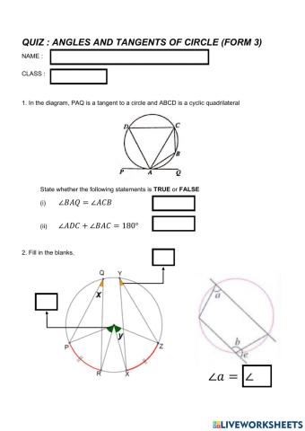 Quiz Angles and Tangents of Circle