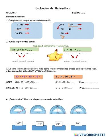Evaluación de Matemática: Propiedades de las operaciones y clasificación de ángulos