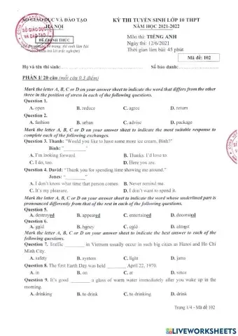 Đề thi vào 10 môn Tiếng Anh