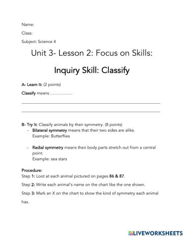 Science 4- Unit 3- Lesson 2:  Focus on Skill: Classify