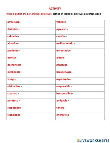 Personalities adjectives