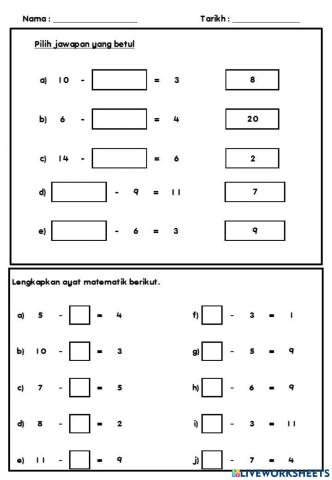 Lengkapkan ayat matematik tolak