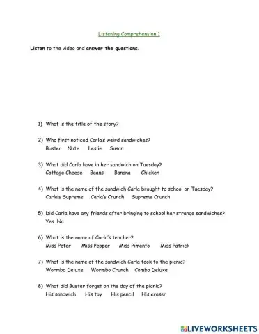 Carla's Sandwiches Comprehension Worksheet