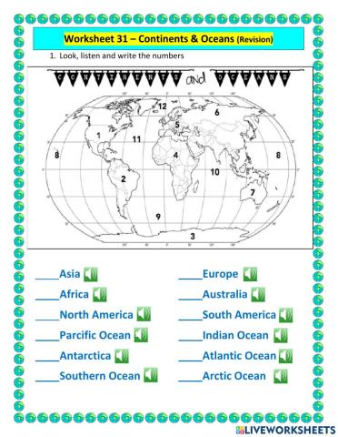 Worksheet 31 - Continents and Oceans (Revision)