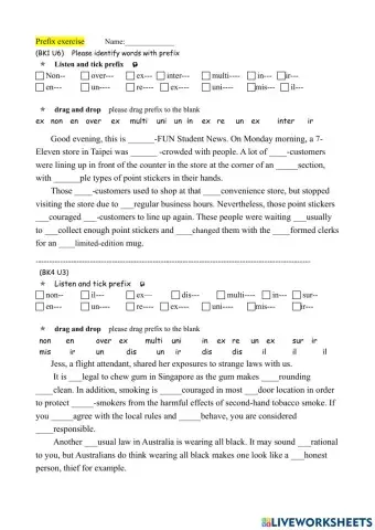 Prefix erercise with passage