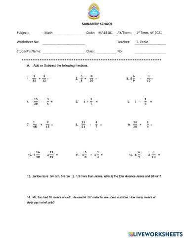 Adding and Subtracting Fractions 