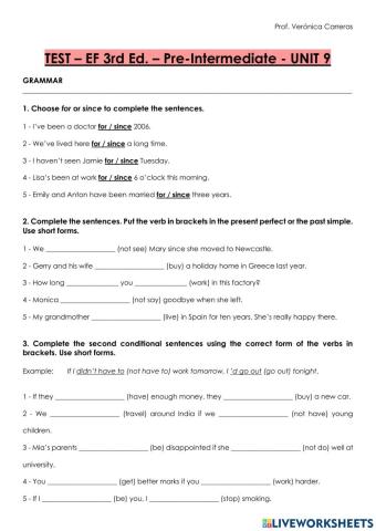 TEST – EF 3rd Ed. – Pre-Intermediate - UNIT 9