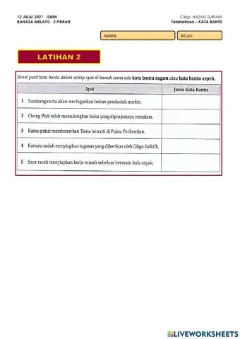 Latihan 2 KATA BANTU Isnin 12 JULAI 2021