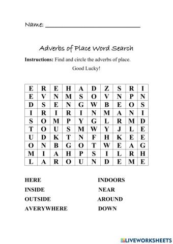 Adverbs of Place Word Search