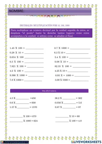 Multiplicacion de decimales por la unidad seguida de ceros