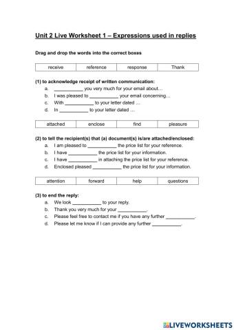 Unit 2 Live Worksheet 1 - Expressions used in replies
