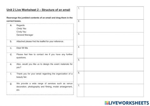 Unit 2 Live Worksheet 2- Structure of an email