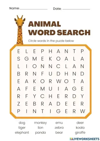 Animal word search