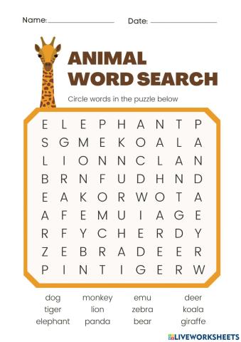 Animal word search