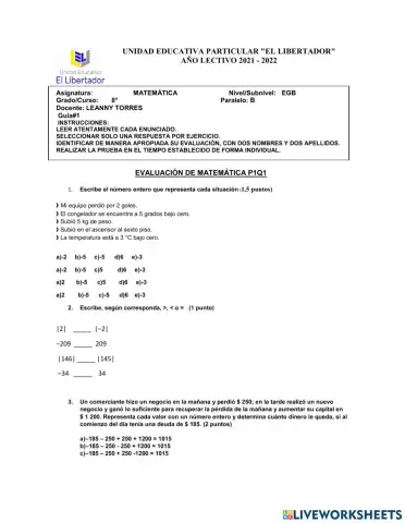 8vo B EVALUACIÓN DE MATEMÁTICA P1Q1 