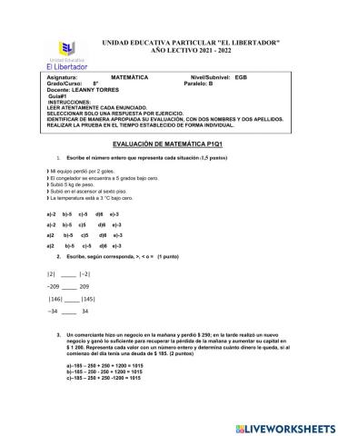 8vo B EVALUACIÓN DE MATEMÁTICA P1Q1 