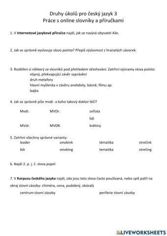 Druhy úkolů pro český jazyk 3