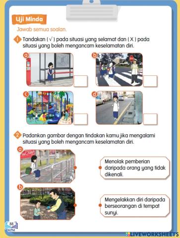 Uji Minda (Keselamatan Diri) Buku Teks Pendidikan Jasmani Pendidikan Kesihatan (PK) Tahun 3 ms 88