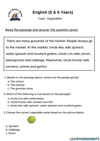 5 & 6 Years: English (Vegetables)