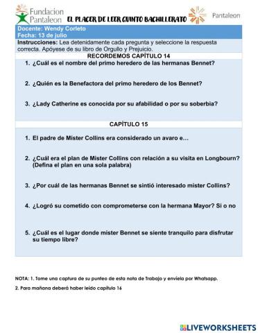 HOJA DE TRABAJO CAPÍTULO 14  y 15 Orgullo y Prejuicio