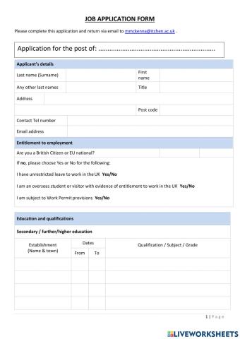 Application form for a job