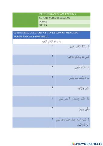 Pendidikan islam tahun 6. Surah-surah hafazan