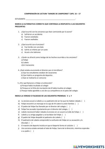 Comprensión lectora Sangre de campeones