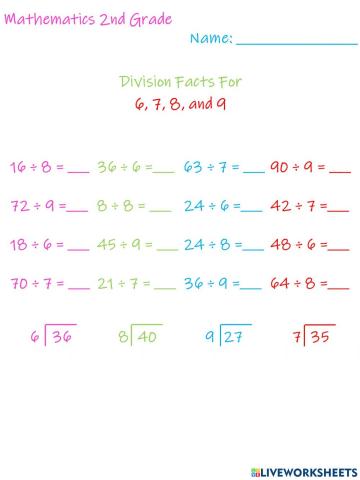 Division Facts For 6, 7, 8, and 9