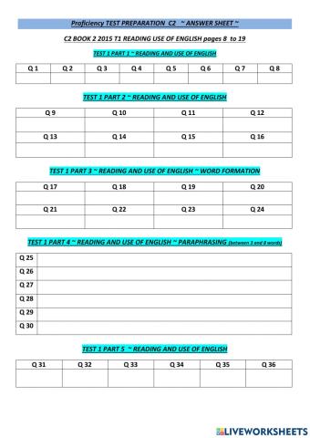 C2 BOOK 2 2015 T1 READING USE OF ENGLISH pages 8  to 19 ANSWER SHEET