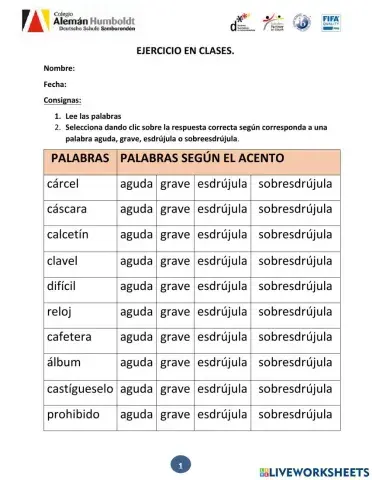 Ejercicios de agudas, graves, esdrújula, sobresdrújula